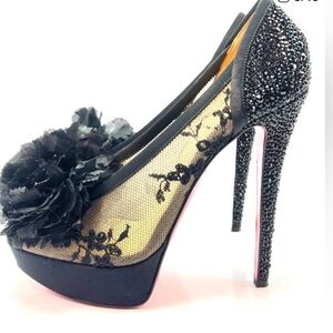 Christian Louboutin Tsar 140 Black Lace & Swarovski Crystal Platform Pumps 39